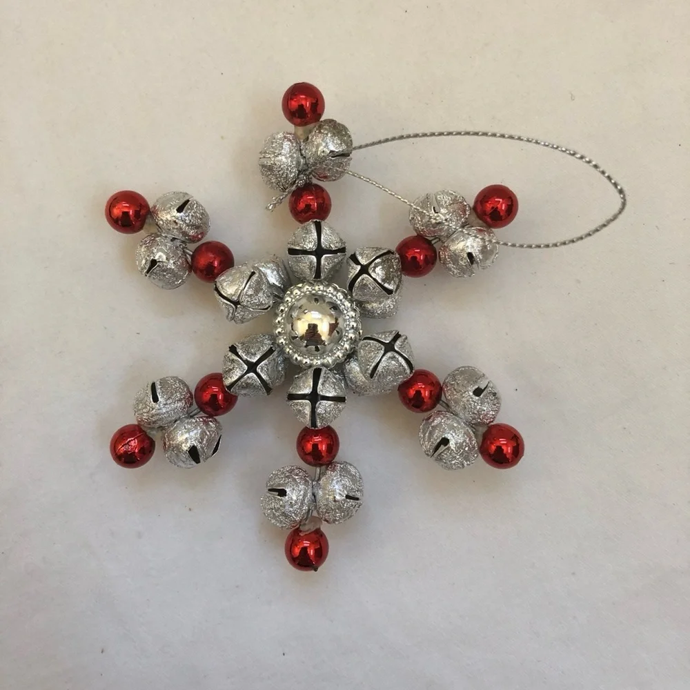 Jingle Bells Snowflake Vintage Christmas Ornament Star Silver Red Rings Hanging